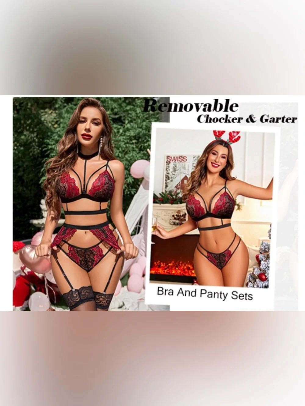 Strappy Lace Garter Lingerie Set ✦ Teal Blue ✦ Choker + Harness ✦ 3 Piece Set - Picture 4 of 5